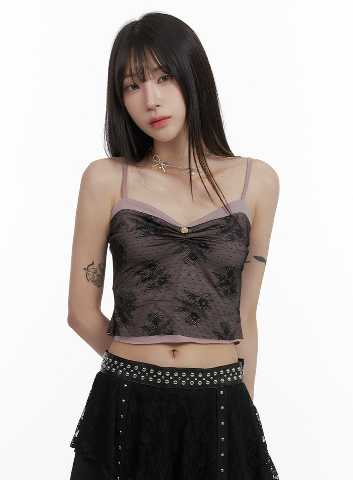 floral-lace-sweetheart-cami-crop-top-oa426 / Black