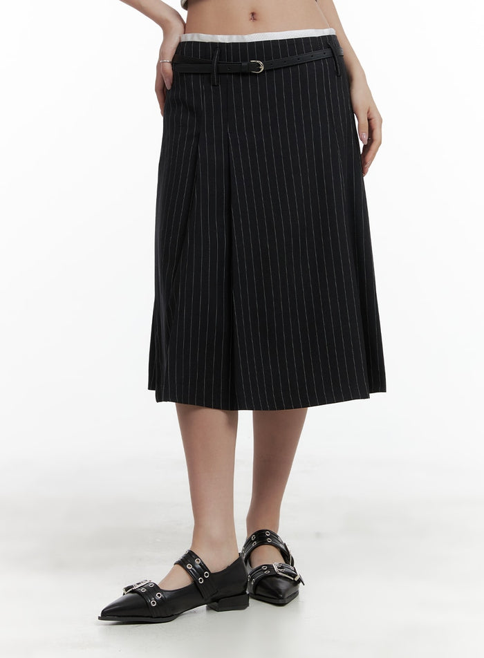 stripe-pintuck-midi-skirt-ca409 / Black