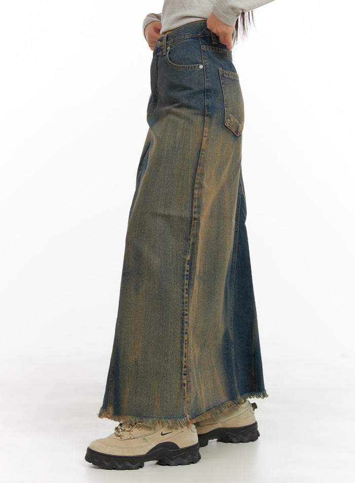 vintage-washed-denim-maxi-skirt-ca415 / Dark blue