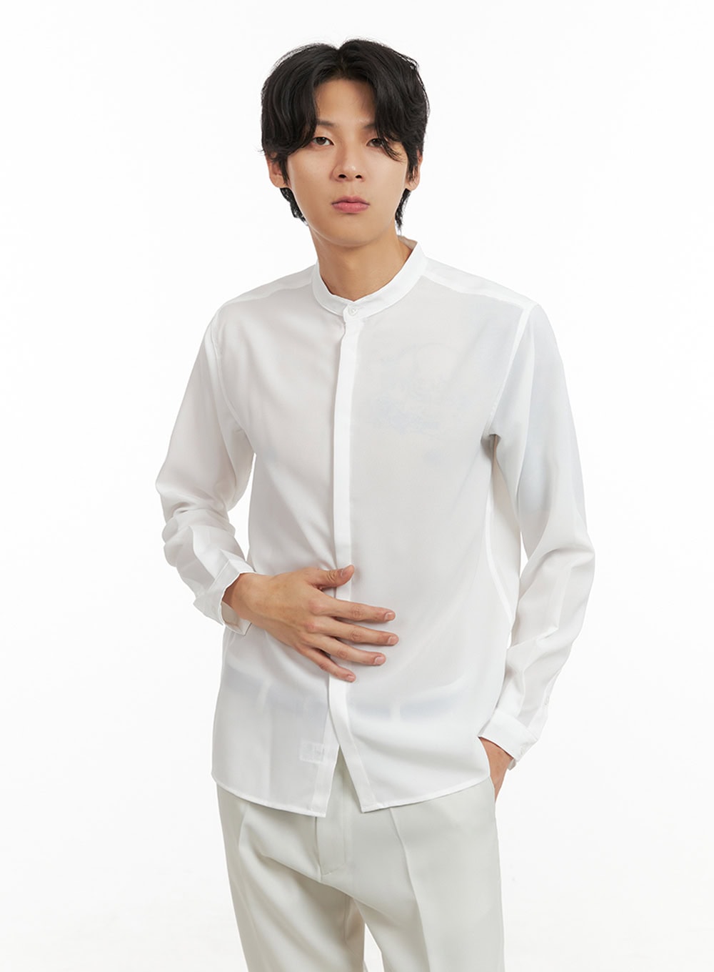 mens-solid-collarless-long-shirt-iy402 / White