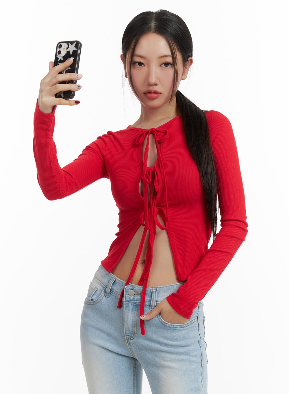 ribbon-cut-out-crop-cardigan-cy403 / Red