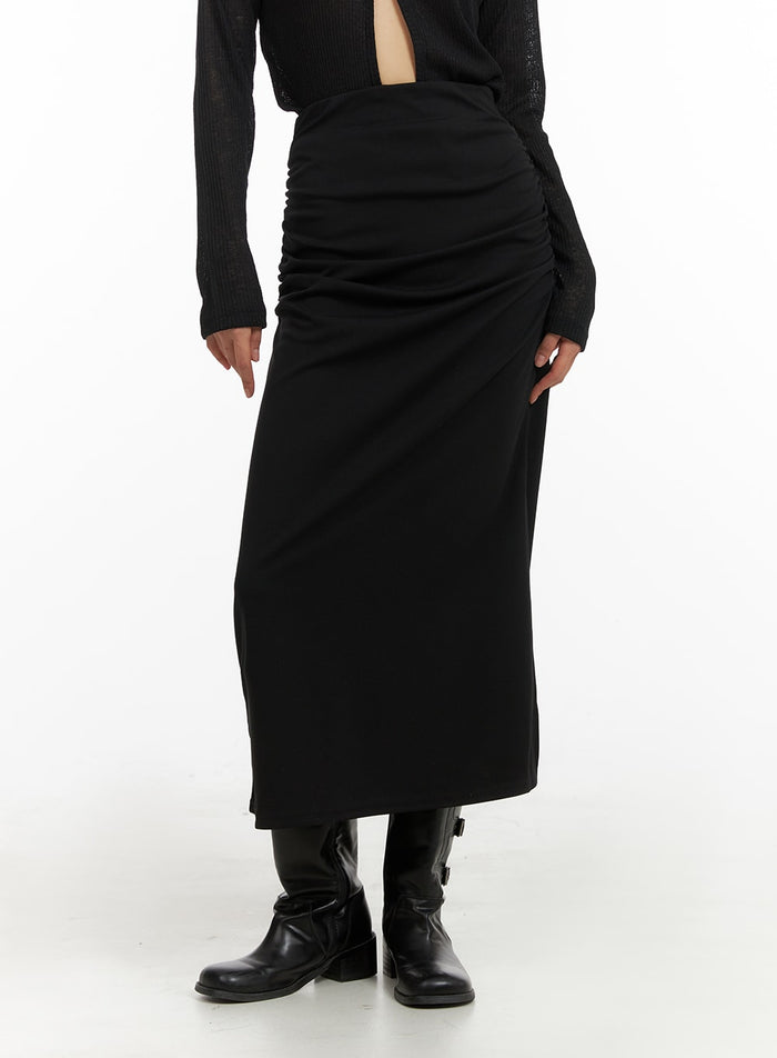 slit-shirred-maxi-skirt-ia417 / Black
