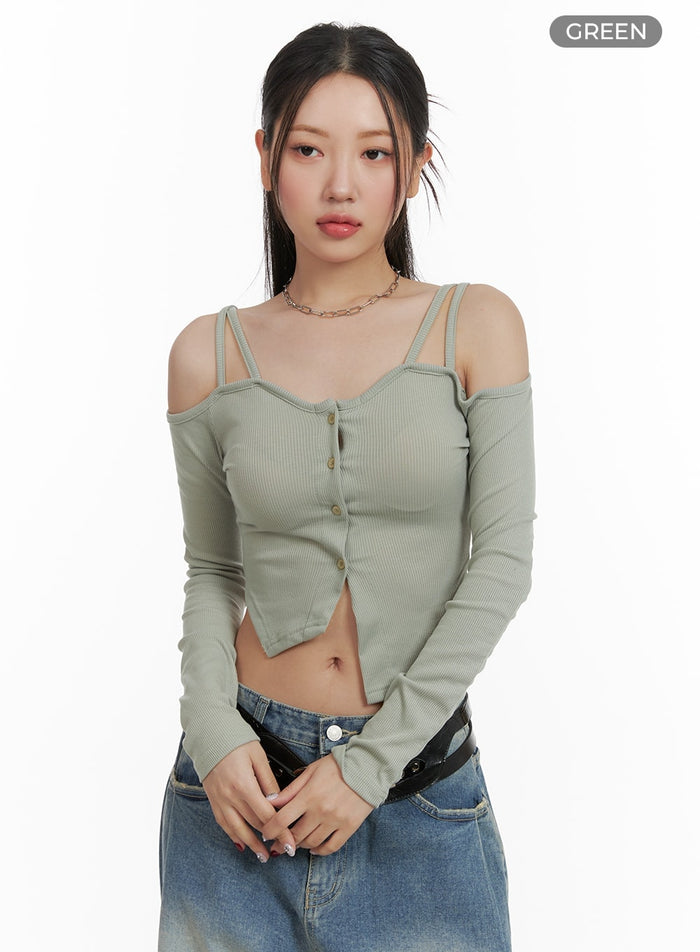 cold-shoulder-button-ribbed-crop-top-ca416 / Green