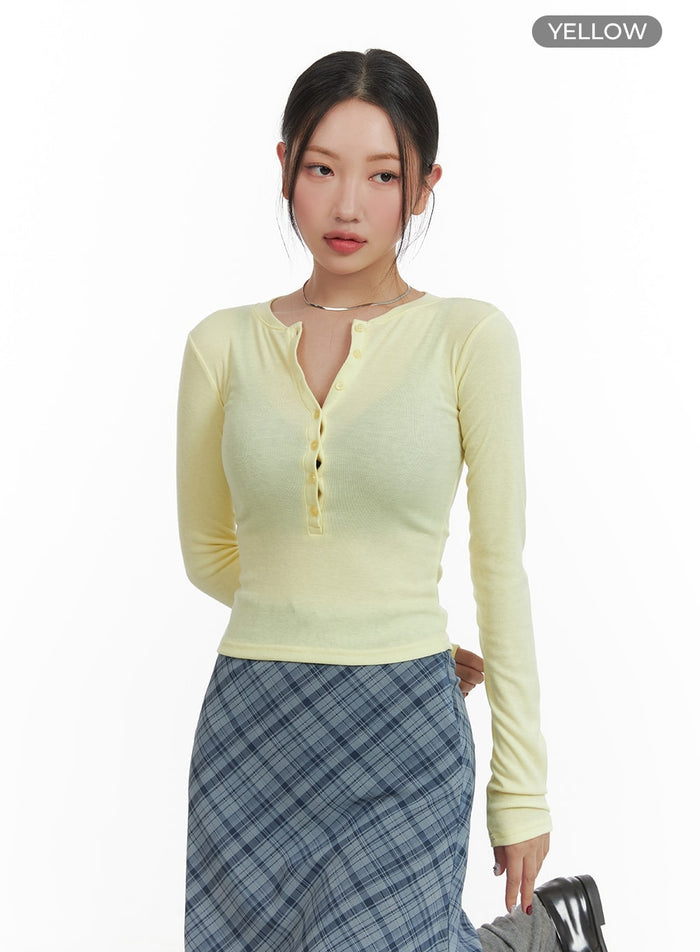 buttoned-slim-fit-long-sleeve-top-ca415 / Yellow