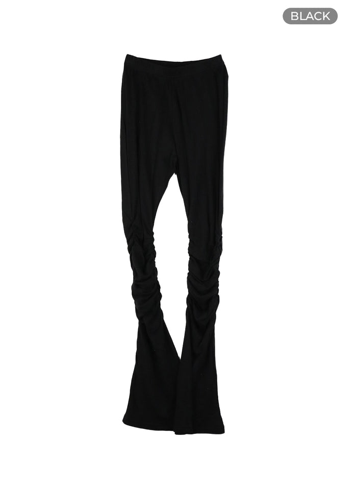 shirred-solid-flared-leggings-ca401 / Black