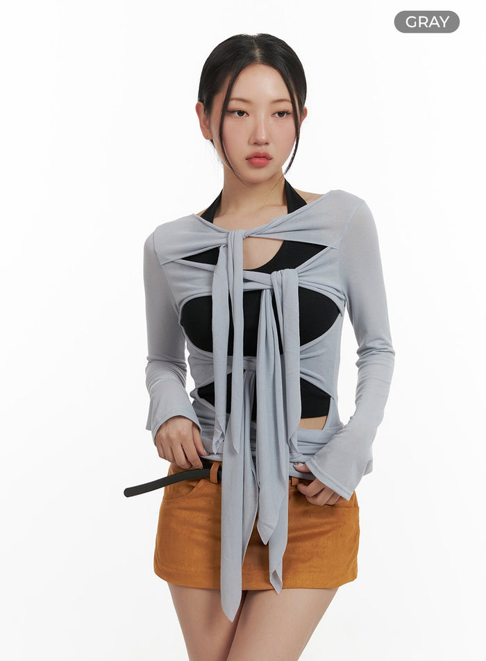 ribbon-strap-cut-out-long-sleeve-cy403 / Gray