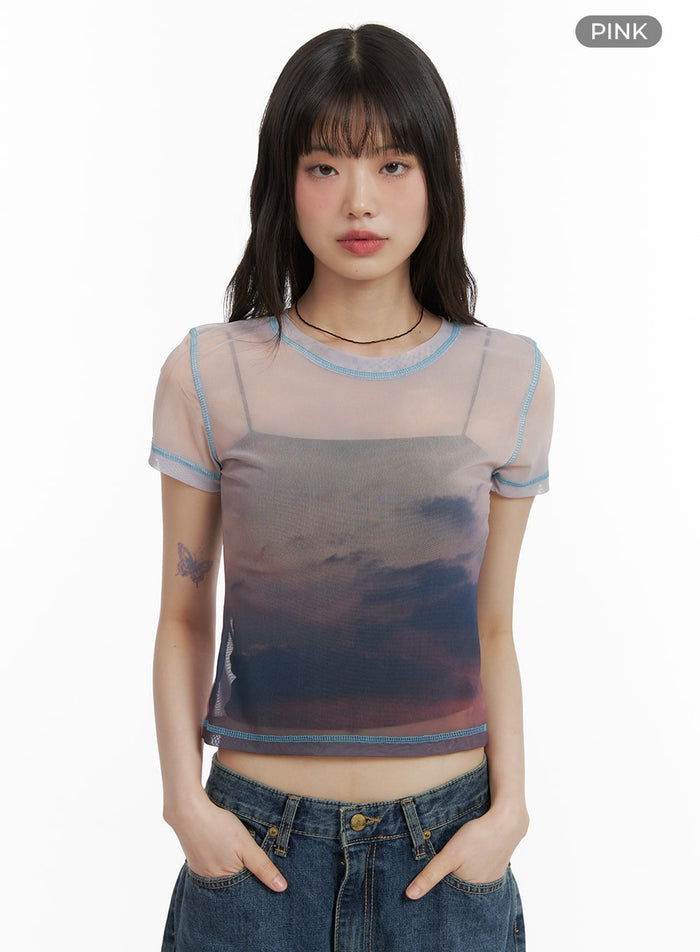 mesh-graphic-cropped-tee-ca412 / Pink