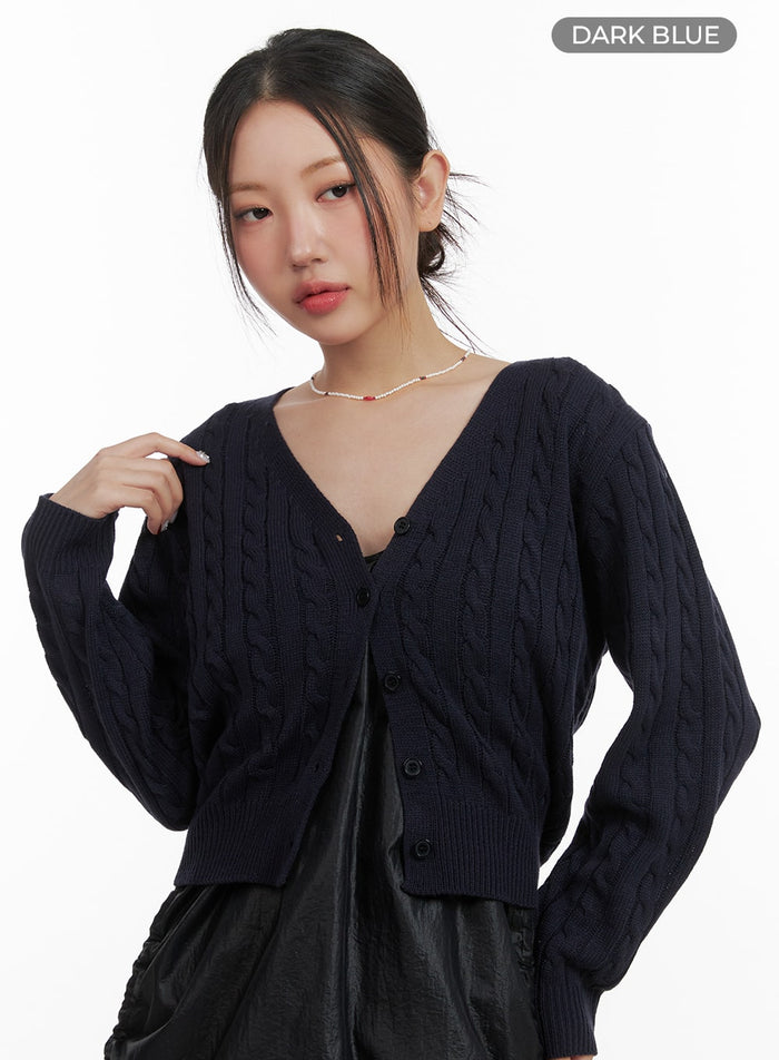 cable-knit-buttoned-crop-cardigan-oa415 / Dark blue