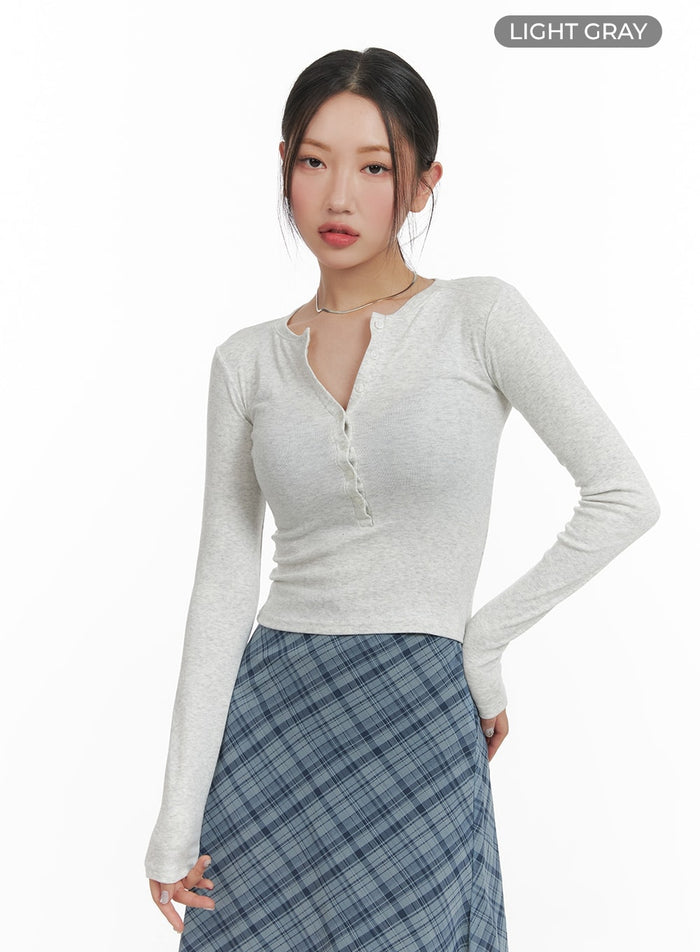buttoned-slim-fit-long-sleeve-top-ca415 / Light gray