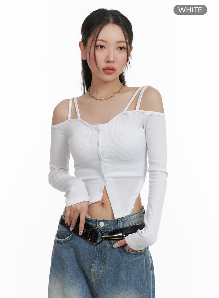 cold-shoulder-button-ribbed-crop-top-ca416 / White