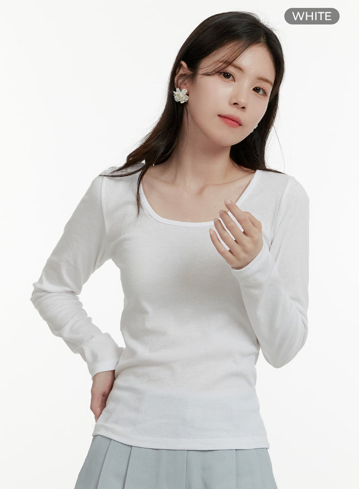 basic-cotton-u-neck-long-sleeve-tee-oa405 / White