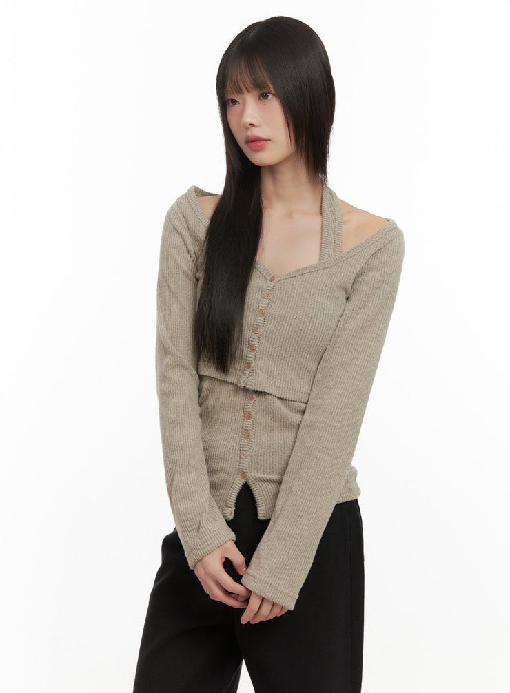 halter-neck-buttoned-cardigan-cd430 / Beige