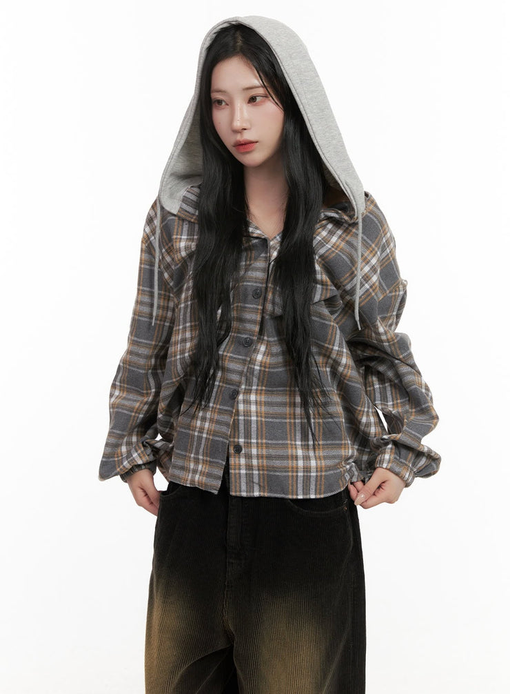 buttoned-check-hooded-blouse-cd410 / Beige