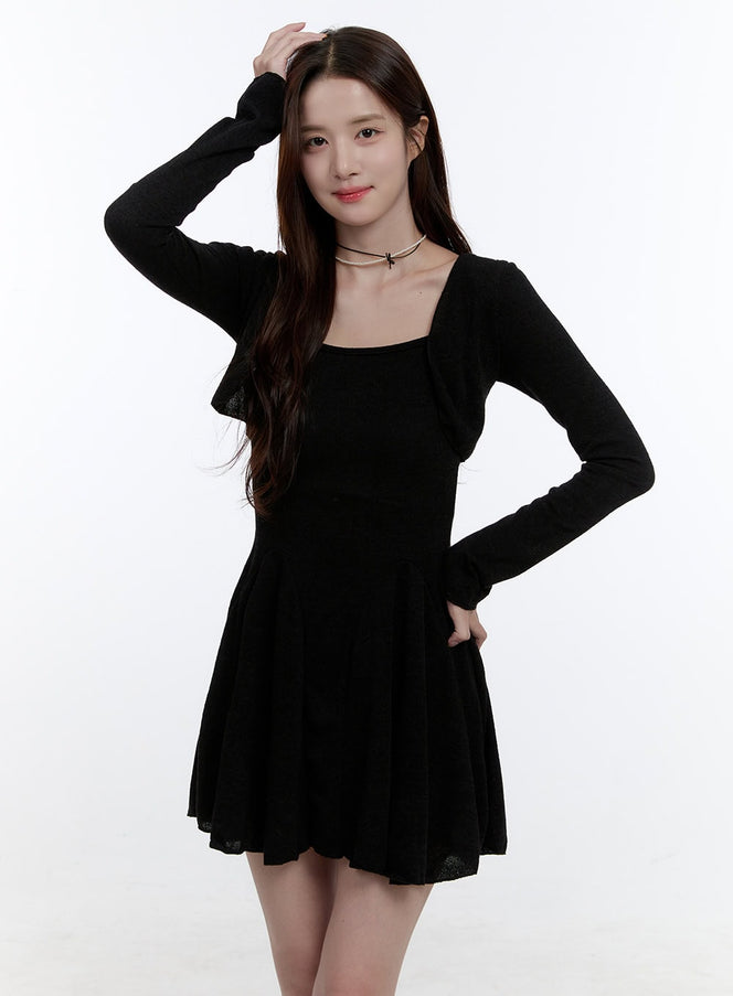 solid-charm-mini-dress-and-cardigan-set-oo407 / Black