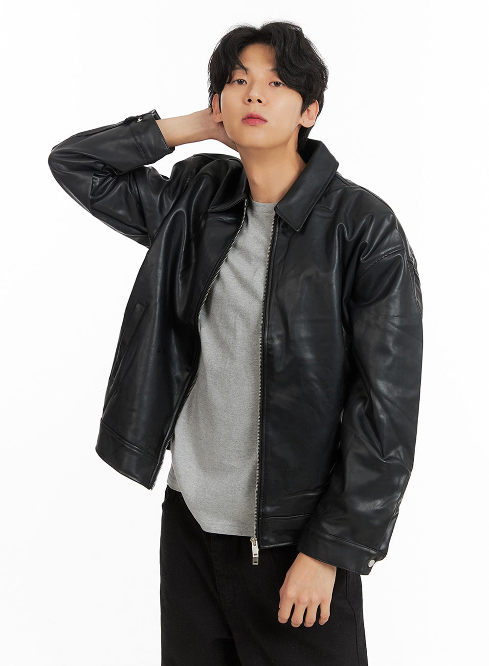 mens-zip-up-faux-leather-jacket-ia401 / Black