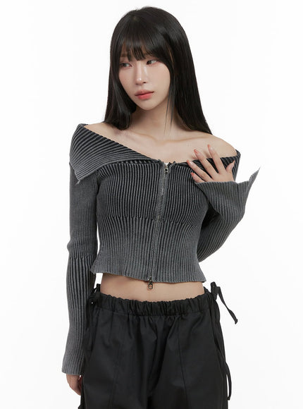 two-way-zip-up-off-shoulder-long-sleeve-crop-top-cs419 / Black