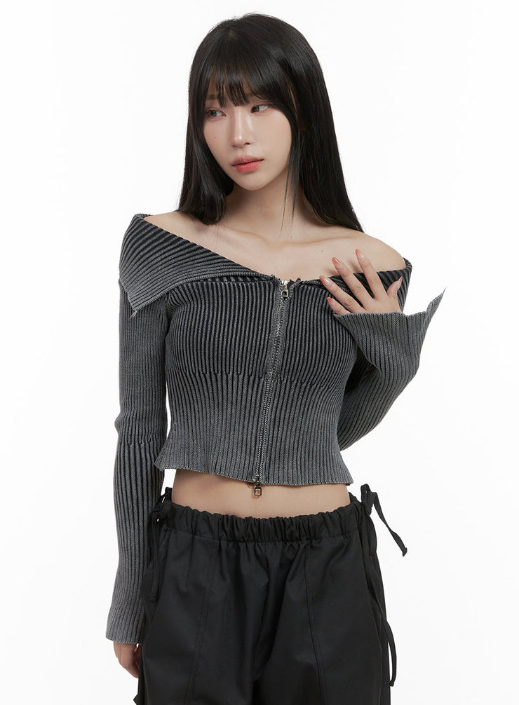 two-way-zip-up-off-shoulder-long-sleeve-crop-top-cs419 / Black