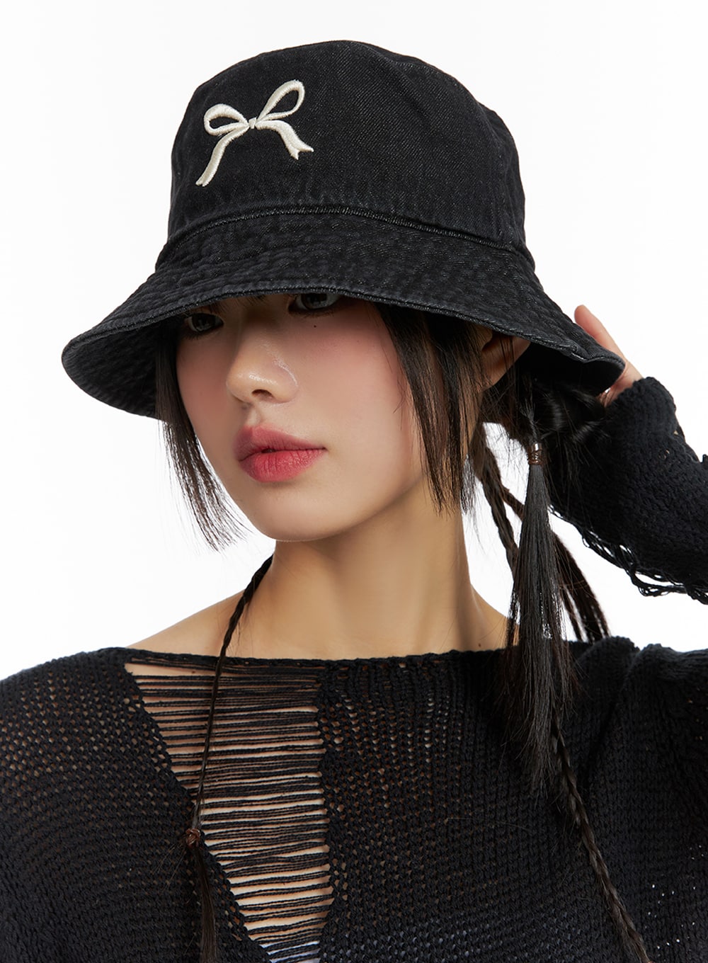 ribbon-embroidered-bucket-hat-if421 / Black