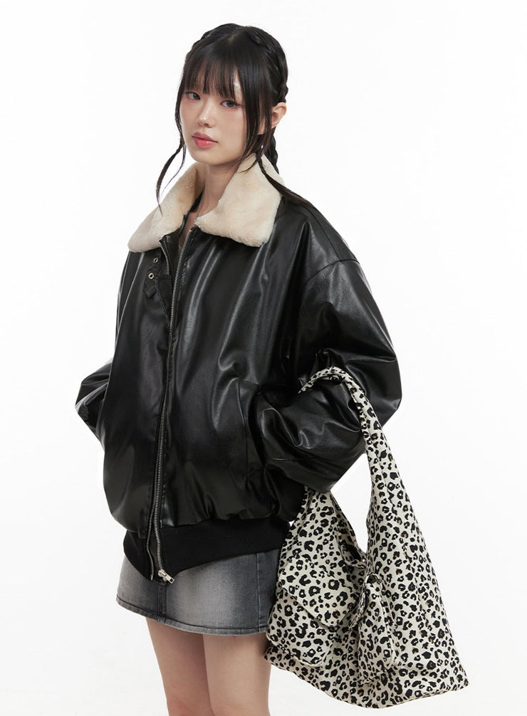 urban-zip-up-faux-leather-jacket-in427 / Black