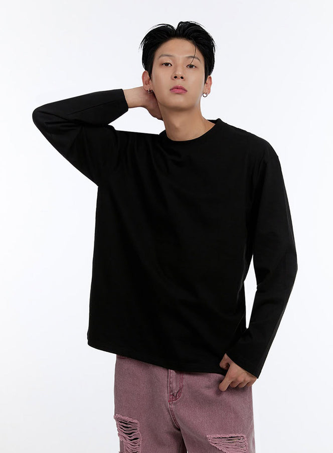 mens-soft-round-neck-long-sleeve-t-shirt-io428 / Black