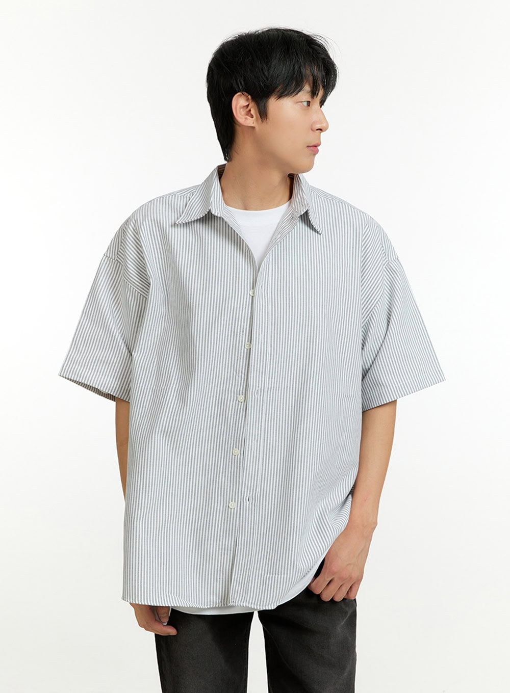 mens-oversize-stripe-buttoned-shirt-il412 / Black