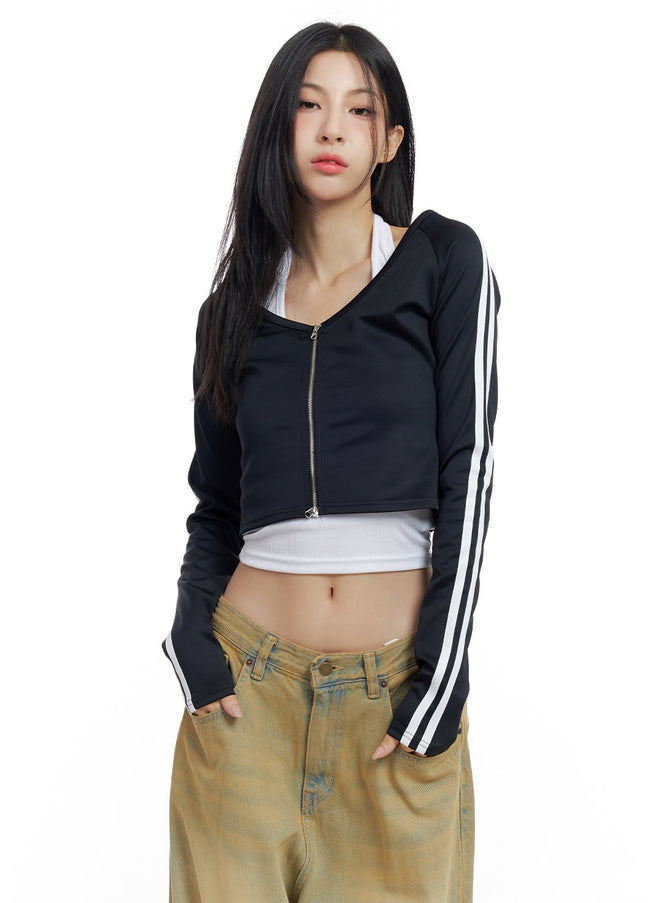 v-neck-zippered-sporty-crop-track-top-co425 / Black