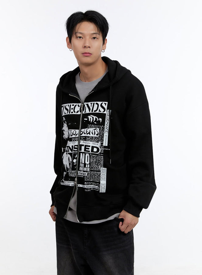 mens-graphic-print-oversized-zip-up-hoodie-io428 / Black