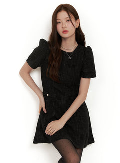 puff-sleeve-solid-mini-dress-od403 / Black