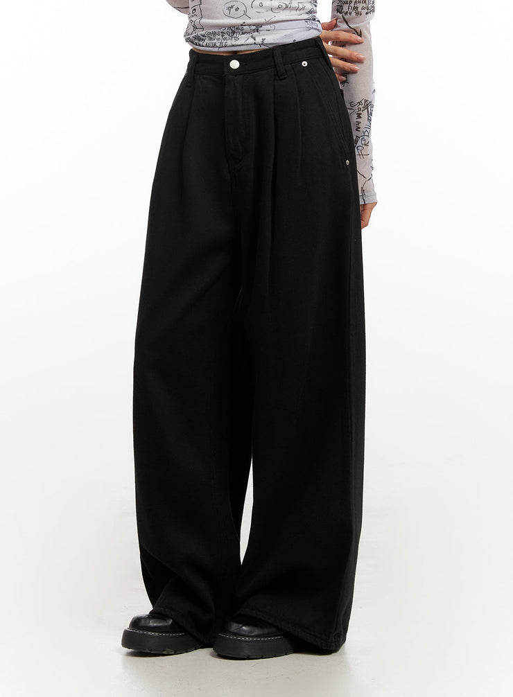 pintuck-wide-leg-cotton-pants-cn426 / Black