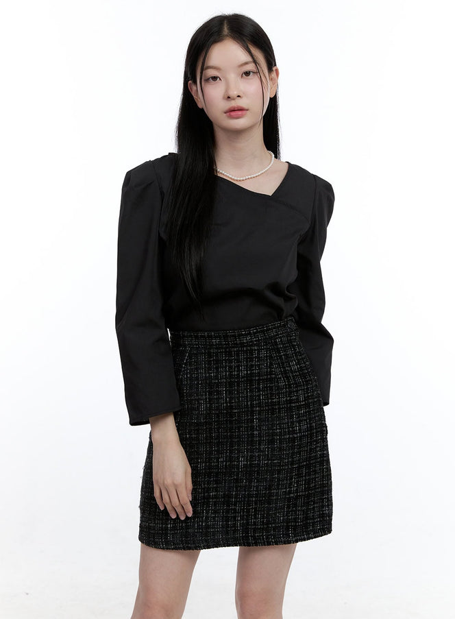 puff-sleeve-unbalanced-blouse-oo429 / Black