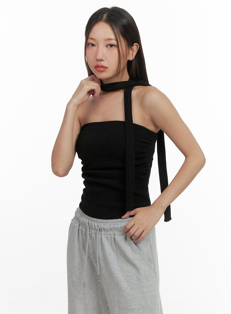 shirred-solid-tube-crop-top-and-scarf-set-co404 / Black