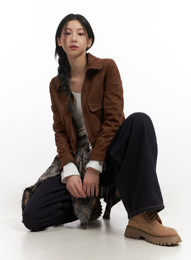 chic-zip-up-suede-jacket-cn426 / Brown