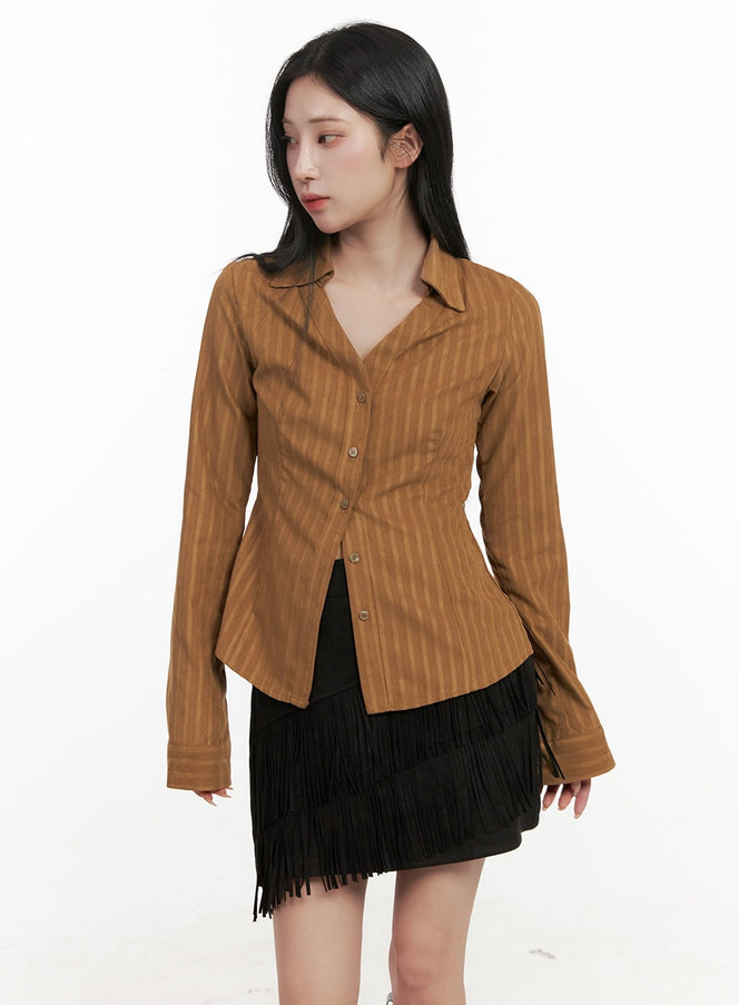 striped-collared-buttoned-blouse-cd409 / Brown