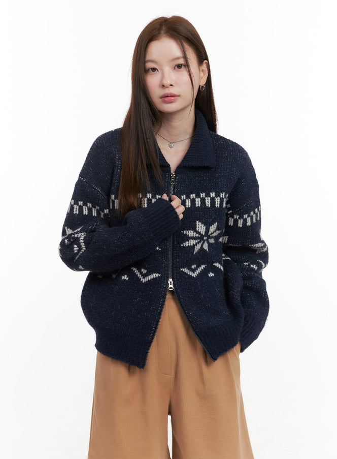 cozy-zip-up-nordic-printed-cardigan-od418 / Dark blue