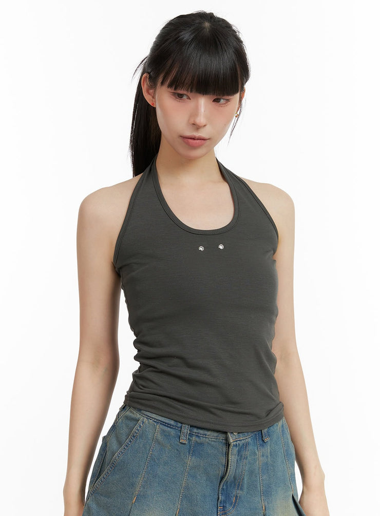 stud-halter-neck-crop-top-cl422 / Dark gray