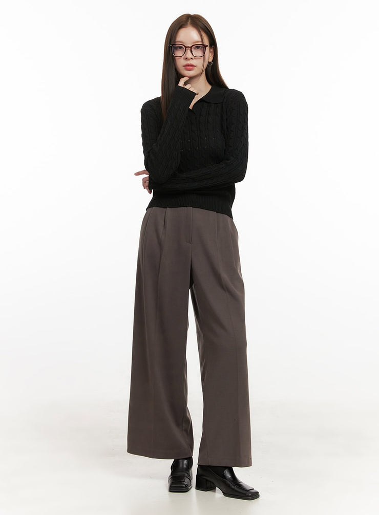 solid-print-wide-fit-polyester-pants-od417 / Dark gray