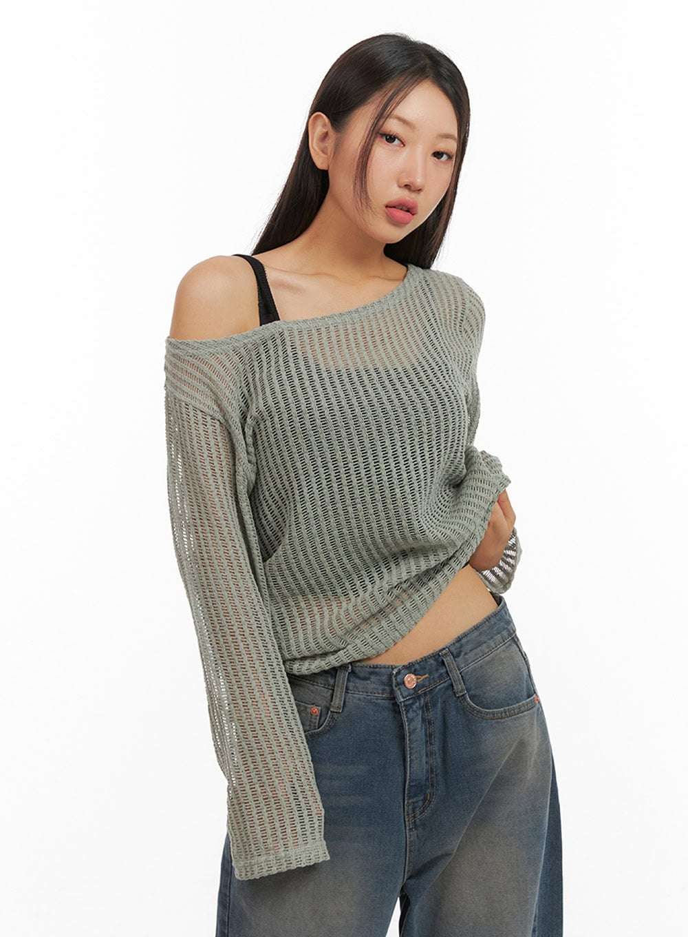 One-Shoulder See-Through Knit Top IS402 - Acubi style | LEWKIN
