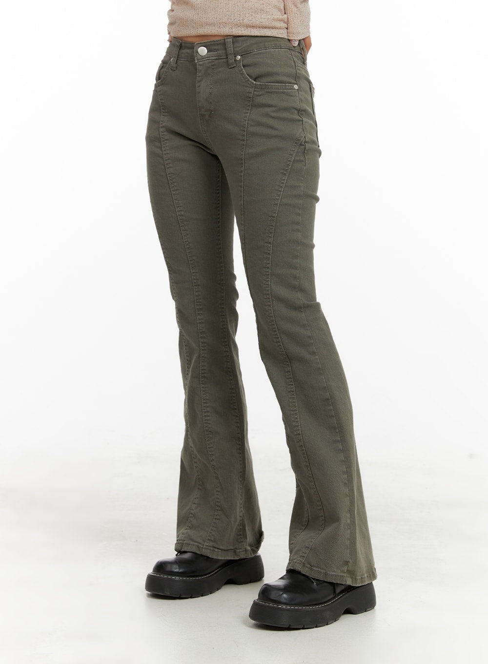 stitched-bootcut-cotton-pants-ca416 / Dark green