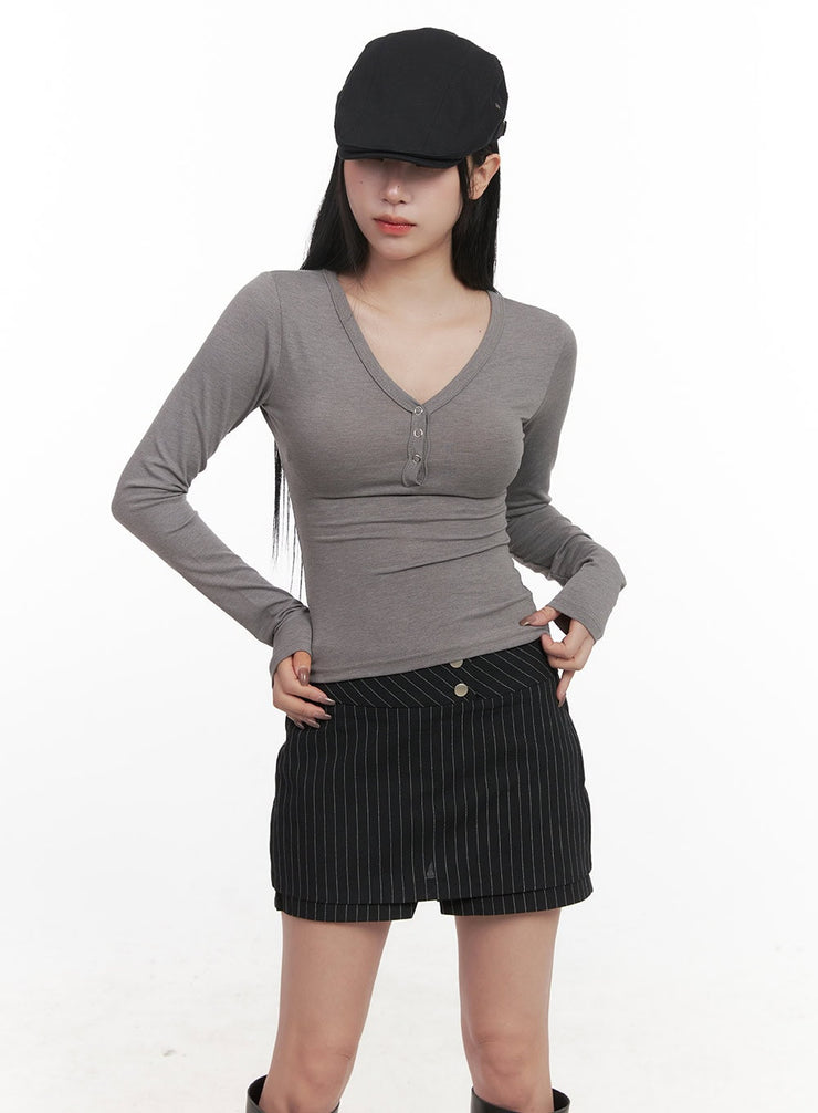 Back Lace-Up Henley Neck Top CJ517