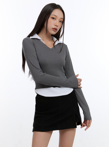 layered-collar-long-sleeve-top-co431 / Gray