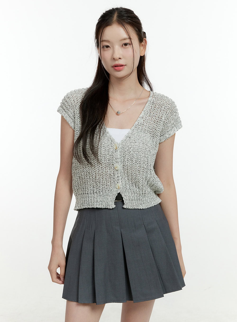 knitted-v-neck-short-sleeve-cardigan-ol430 / Gray