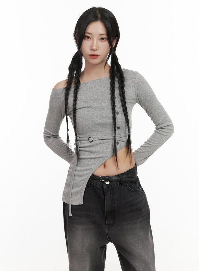 one-shoulder-unbalanced-crop-top-cd409 / Gray