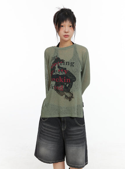 sheer-graphic-long-sleeve-top-cl415 / Green