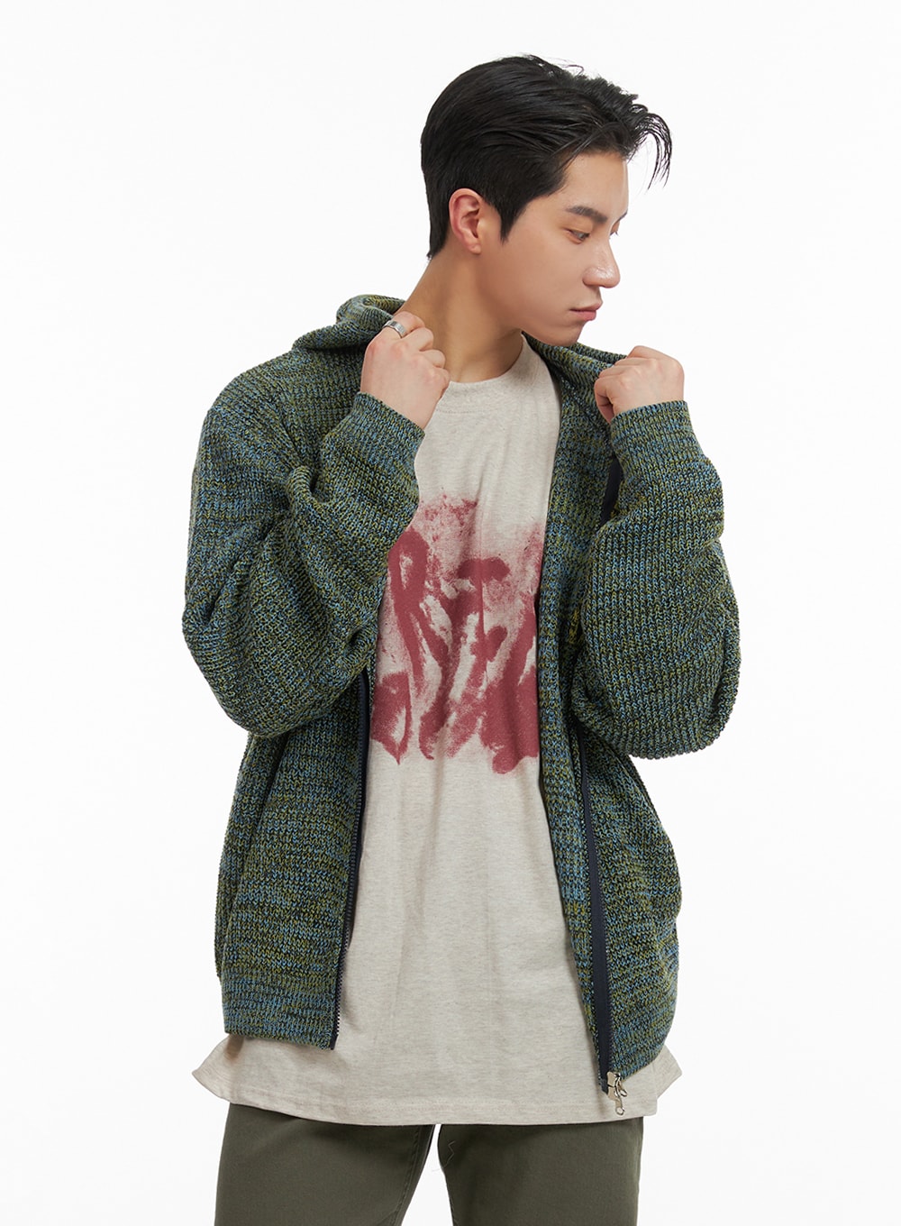mens-textured-knit-hoodie-jacket-ia401 / Green