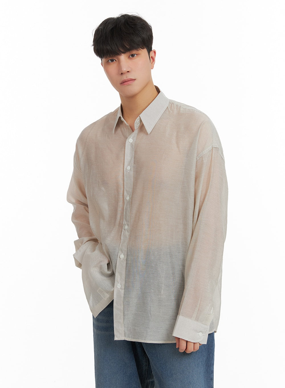 mens-semi-sheer-button-shirt-ia402 / Light beige