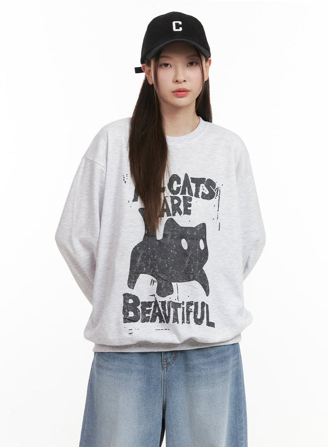 Oversized Cat Graphic Crew Neck IJ527