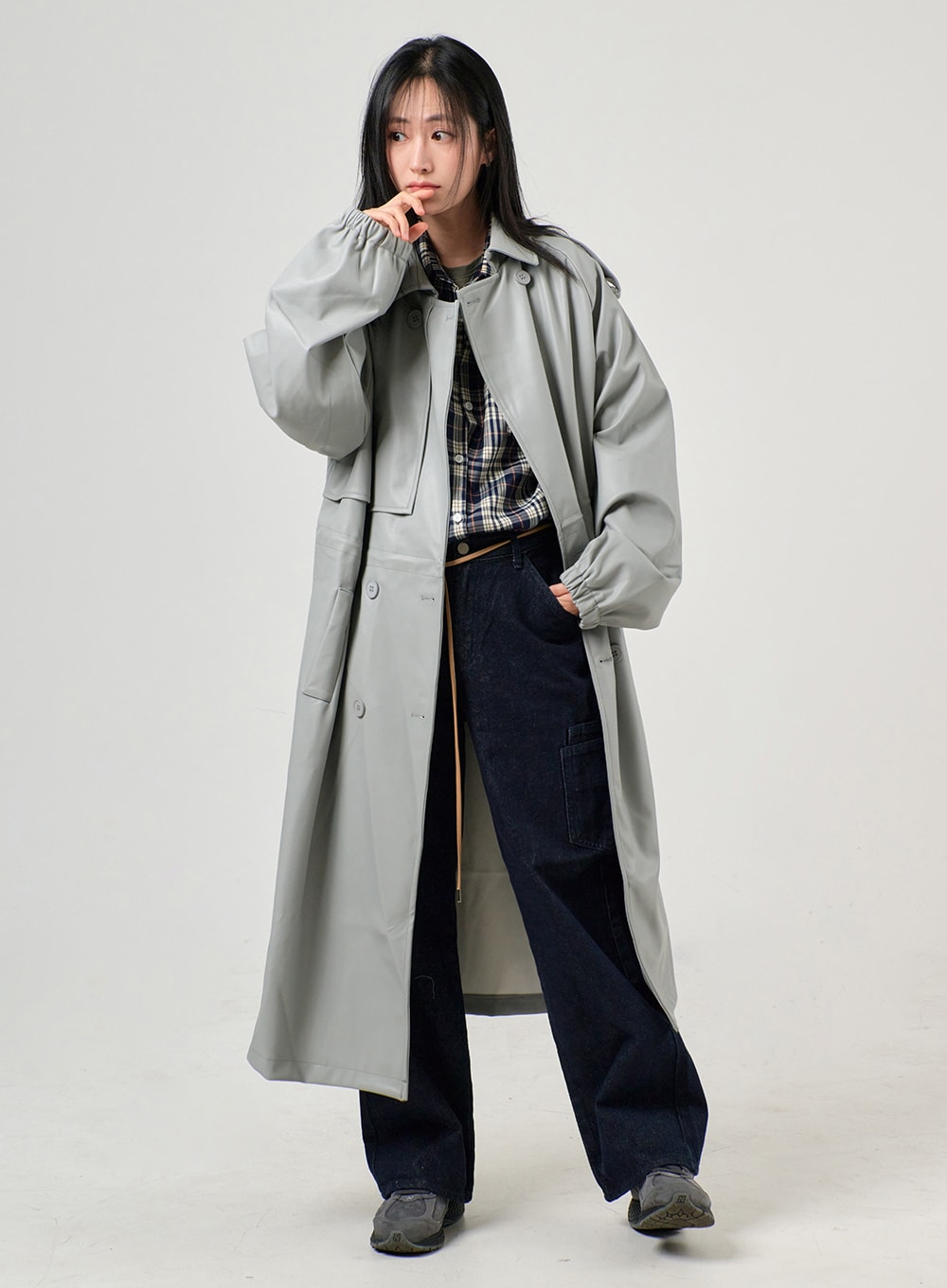 solid-trench-coat-of406 / Light gray