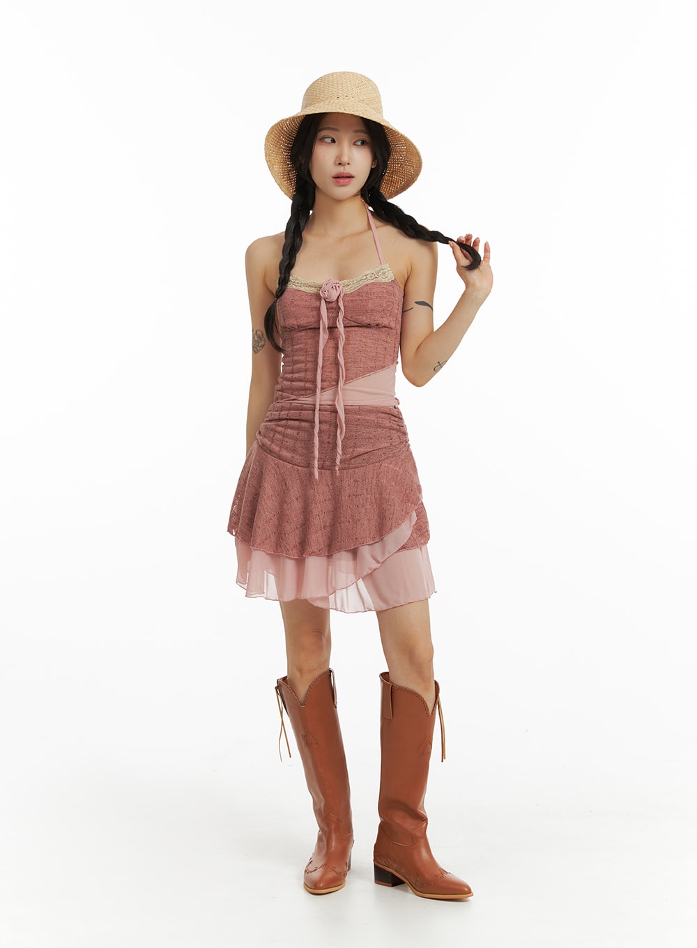 flower-corsage-halter-top-and-mini-skirt-set-im404 / Pink