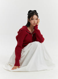 long-sleeve-solid-zipper-pocket-knit-hoodie-od320 / Red