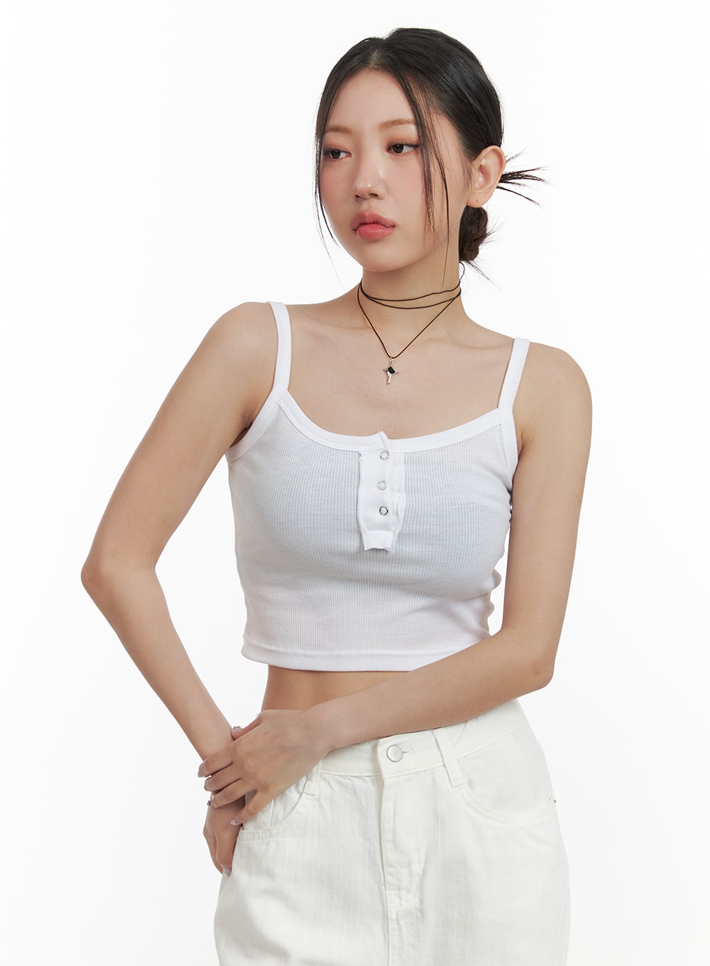 solid-buttoned-cotton-cami-crop-top-oa416 / White